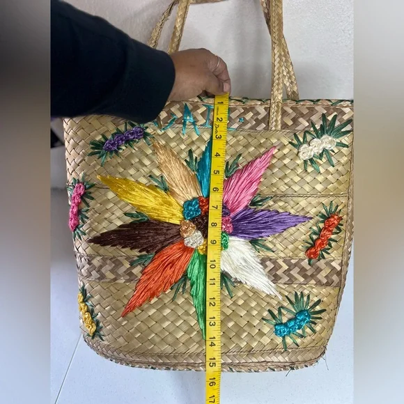 vintage bohemian Straw Multi Color Floral Embroidered GAIL Oversized Tote Bag - Picture 10 of 11